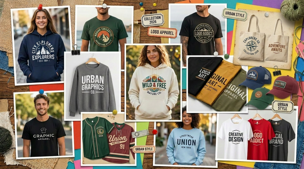 Collection of urban graphic hoodies and t-shirts with various designs and logos worn by diverse models
