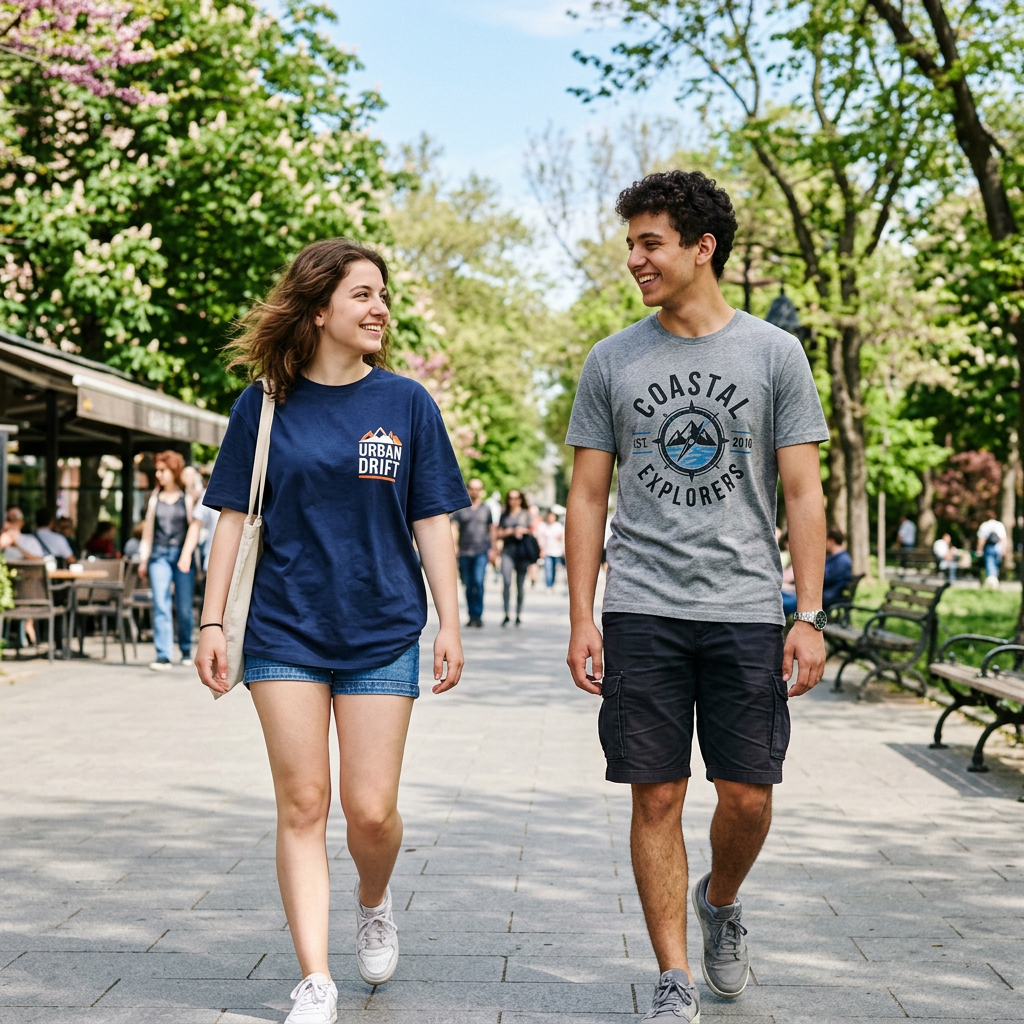 Young woman and man walking and smiling in a tree-lined park
