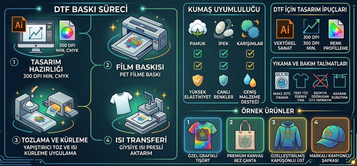 Infographic detailing DTF printing steps, fabric types, design advice, and product examples.